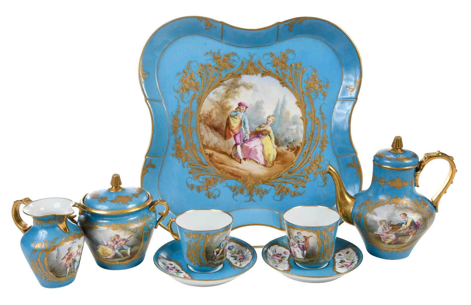 Eight Piece Sevres Porcelain Tete a Tete: France, 19th century, comprising: teapot, creamer, lidded sugar bowl, two cups and saucers, shaped square tray, each with hand painted figural and floral decoration on celeste blue ground, with interl