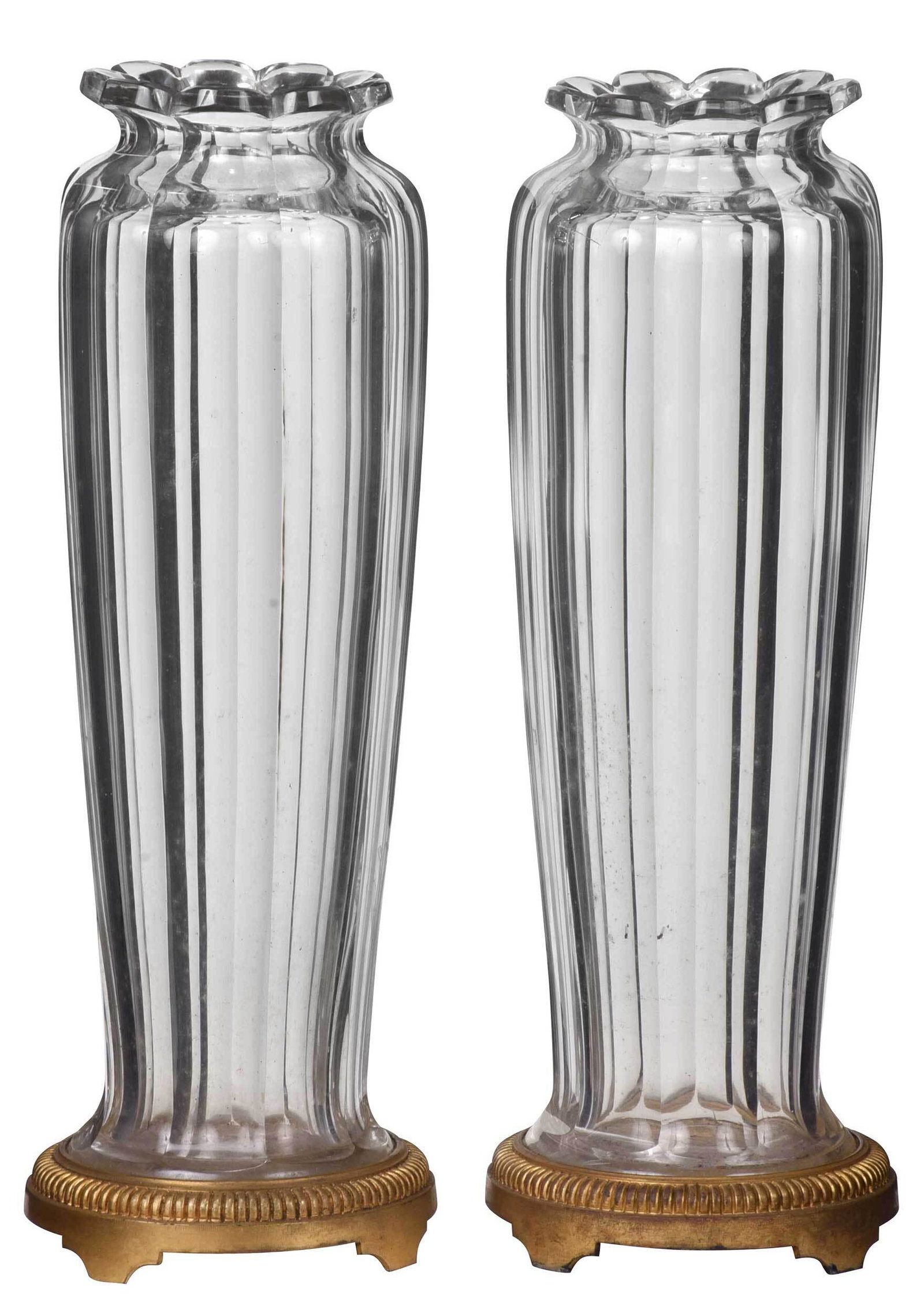 Pair Baccarat Ormolu Mounted Faceted Glass Vases: France, 20th century, each of tapering cylindrical form with lobed rim, raised on ormolu mount with four feet, stamped "Baccarat" to underside, 14-3/4 in. Provenance: Humber Family, North Carolina