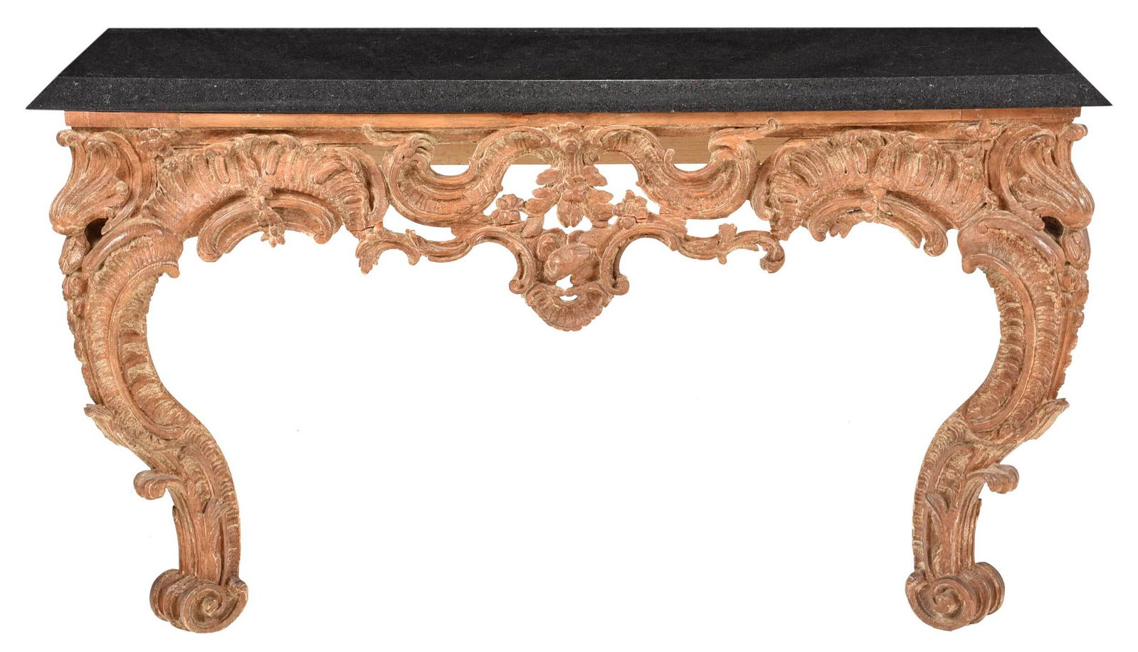 Louis XV Style Carved Marble Top Console Table: French, 20th century, carved elements possibly earlier, well carved frame with leaf and scroll decoration and traces of white paint, pierced skirt, scrolled legs, set with modern thick black marble to