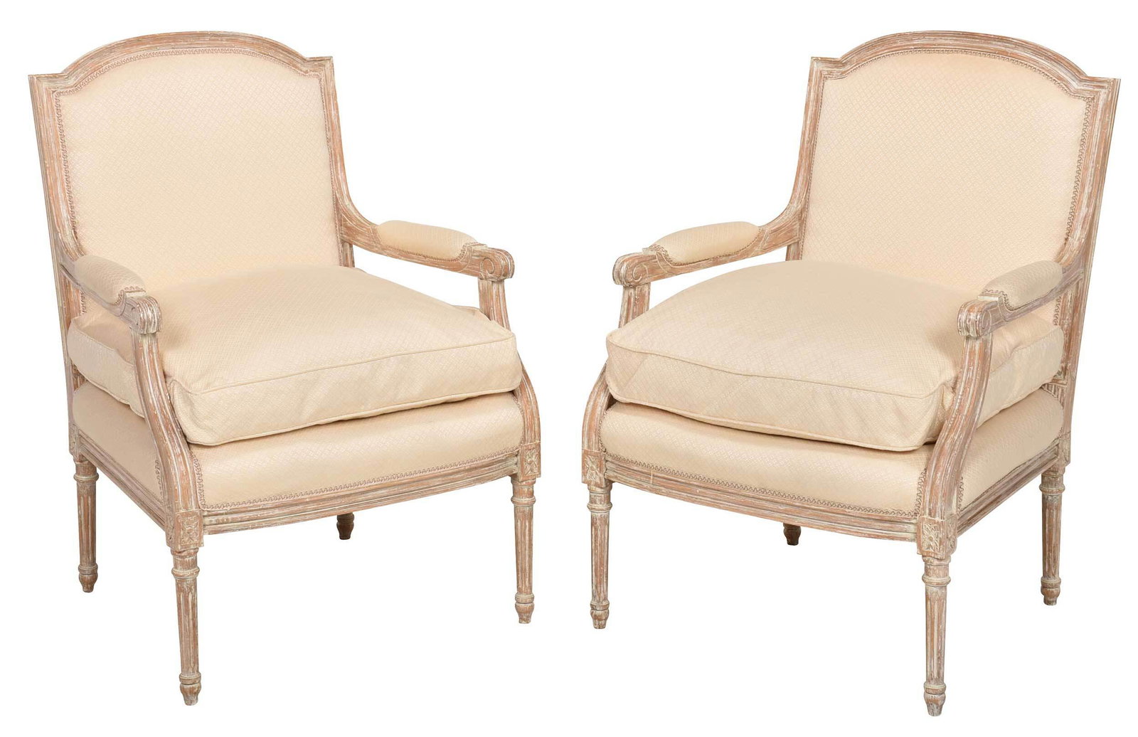 Pair Louis XVI Style Painted Upholstered Open Armchairs: modern, scrim with label for "Meyer Gunther Martini", each with beechwood frame with distressed white paint, modern cream upholstery with loose down seat cushions, 39 x 26 x 24 in. Provenance: Estate 