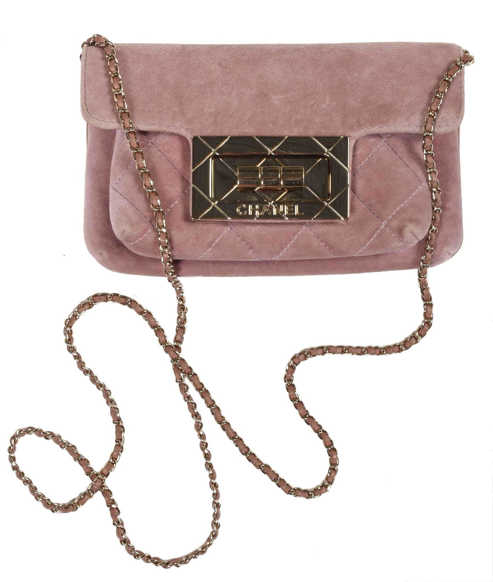 Chanel Velvet Quilted Pink 2.55 Evening Clutch Bag: French, 20th century, envelope flap, leather threaded shoulder strap, gold tone quilted mademoiselle closure, "Chanel, Made in France" label to interior, with authenticity card and dust bag, 5-1/2 x 8