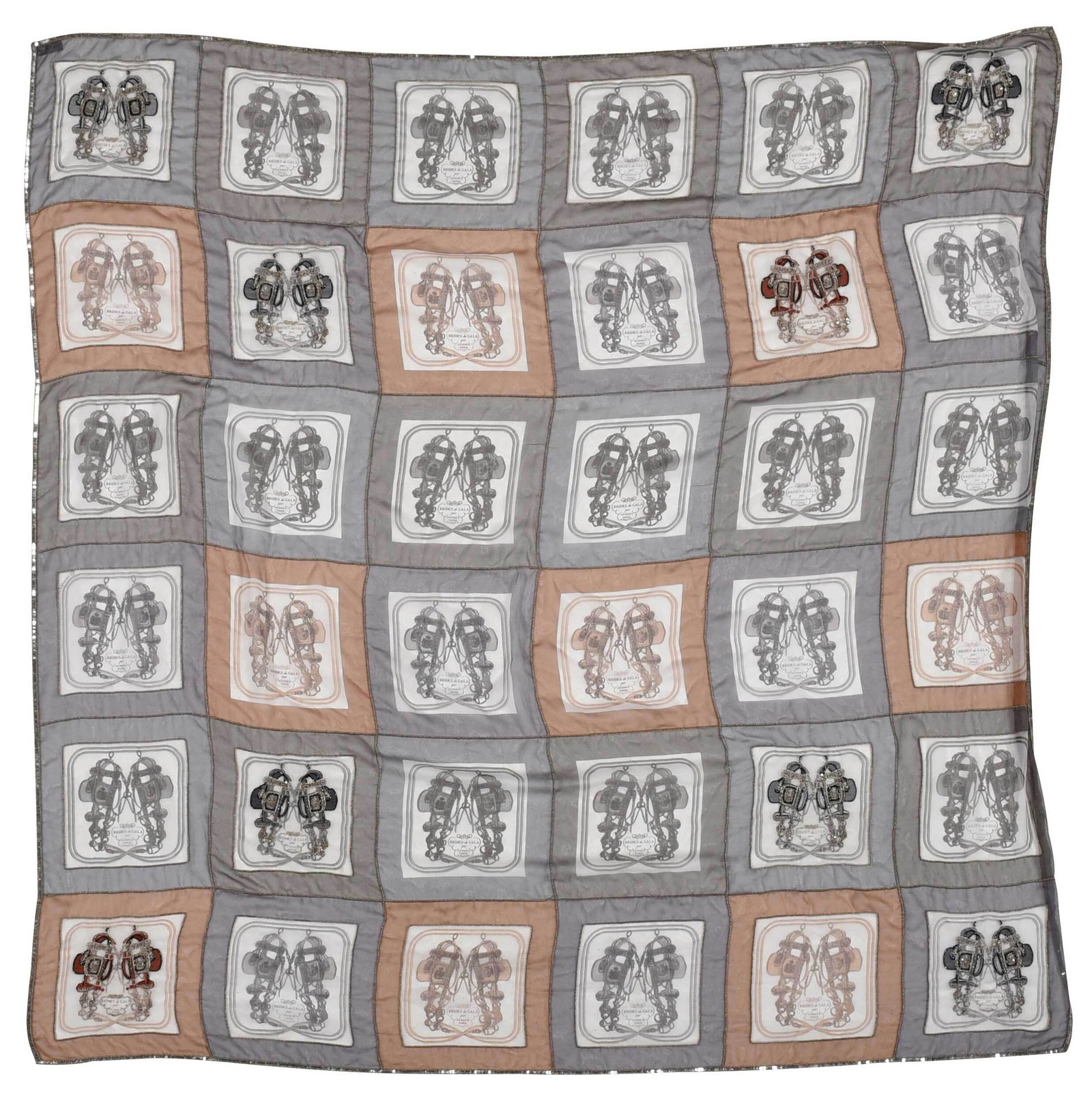 Hermes "Shiny Brides" Silk Mousseline Scarf: French, 20th century, designed by Hugo Grygkar, gray and brown squares with "shiny brides" motif, Swarovski beaded, with "Hermes Paris" label, 55 x 55 in. Provenance: Private Bluffton, South Carolina 