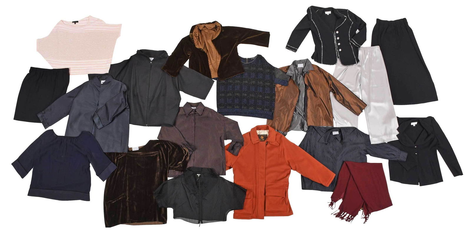 Fourteen Couture Garments: 20th century, comprising: Loro Piana orange cashmere coat, interior lining merino wool, size 46, with Loro Piana burgundy scarf 70% cashmere; five St. John articles including navy blue silk blouse, si