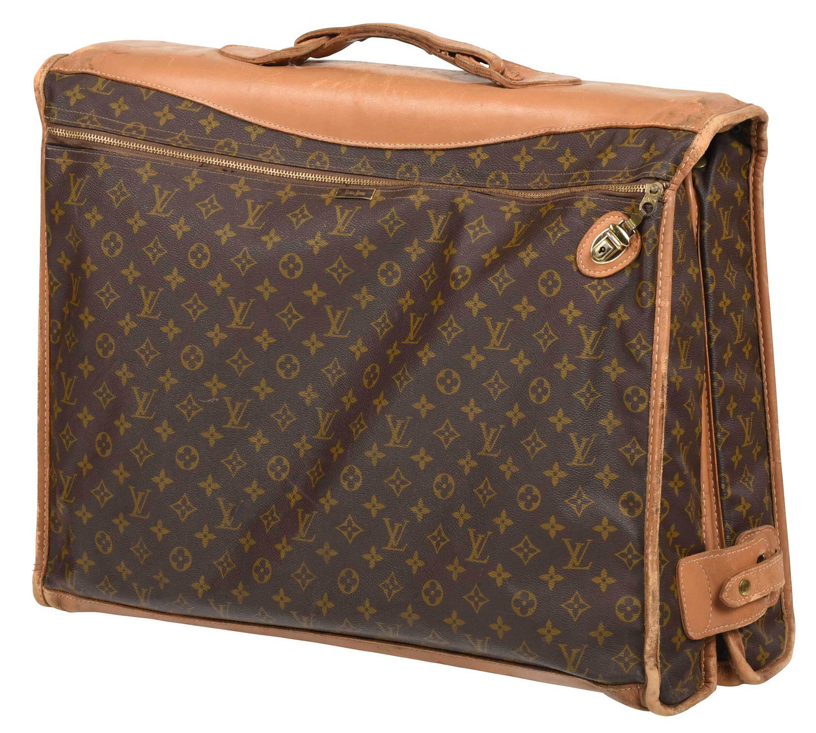Louis Vuitton Garment Bag: French/American, 20th century, monogram pattern, label for "Louis Vuitton/Paris, France/Manufactured by the French Co., U.S.A. Under Special License", folding form with leather carrying handle and sid