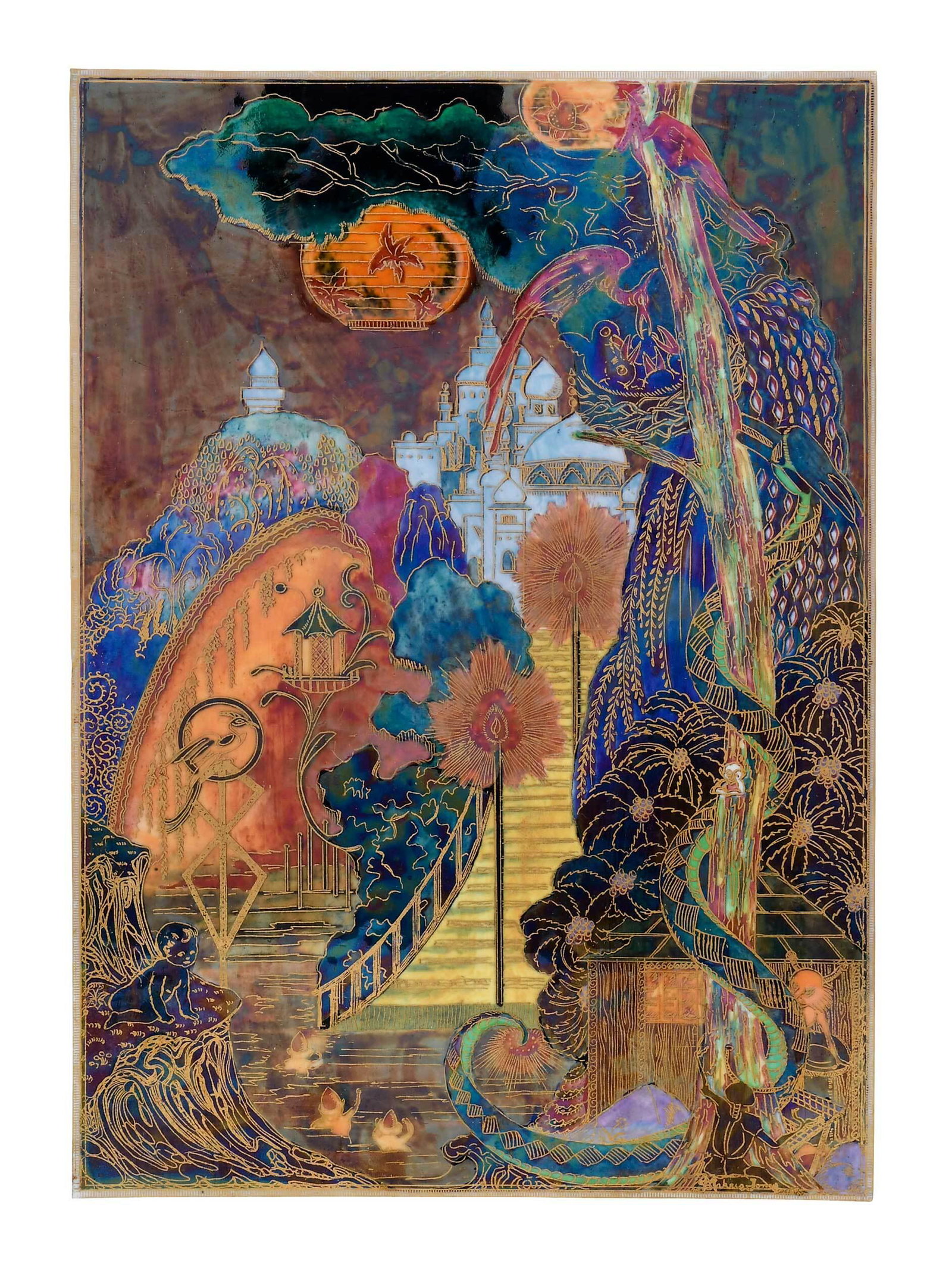 Wedgwood Fairyland Lustre 'Torches' Plaque: English, early 20th century, by artist Daisy Makeig-Jones (1881-1945), brightly decorated scene of a palace at the top of a flight of steps, with tree serpent and swimming elves, signed in gilt in low