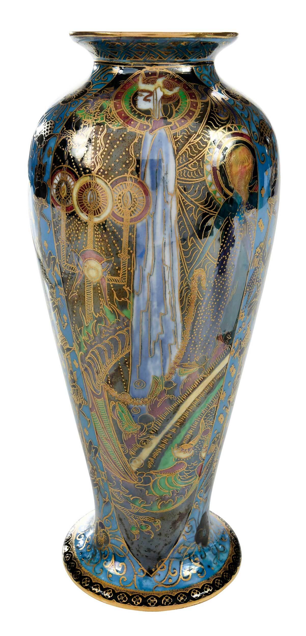 Wedgwood Fairyland Lustre 'Candlemas' Vase: English, 20th century, by artist Daisy Makeig-Jones (1881-1945), shape number 3148, pattern number Z5154, brightly decorated scene with tall candle figures, goblins climbing a rope, with Portland Vase