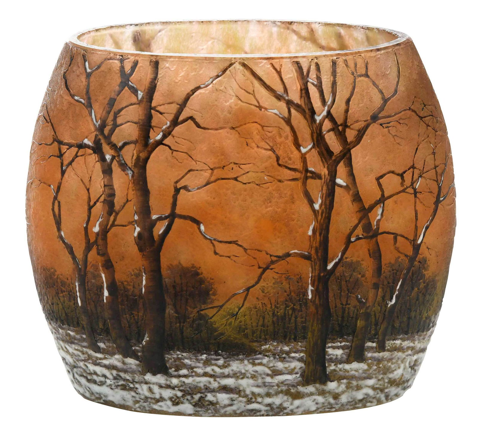 Daum Nancy Winter Scene Glass Vase: France, circa 1900, mottled amber ground with brown and white enamel decoration, oval form, polished pontil mark, signed "Daum Nancy" with the cross of Lorraine, 4 x 4-3/4 in. Provenance: Humber Famil