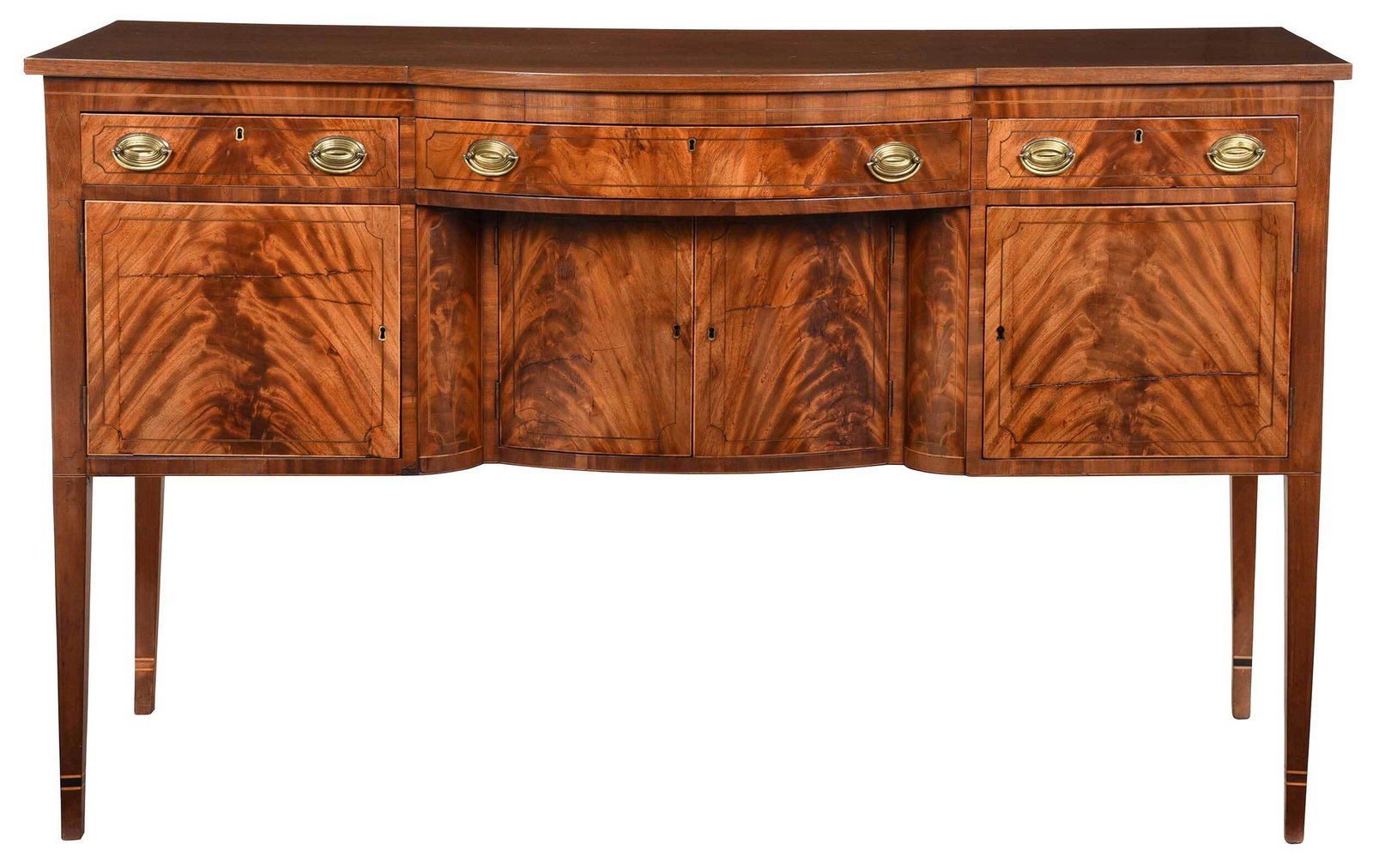 American Federal Figured and Inlaid Mahogany Sideboard: Middle Atlantic states, 1790-1810, with three dovetailed drawers over four cabinet doors, figured veneers with dark and light wood line inlay, dovetailed construction, probably original brasses, 42 x 