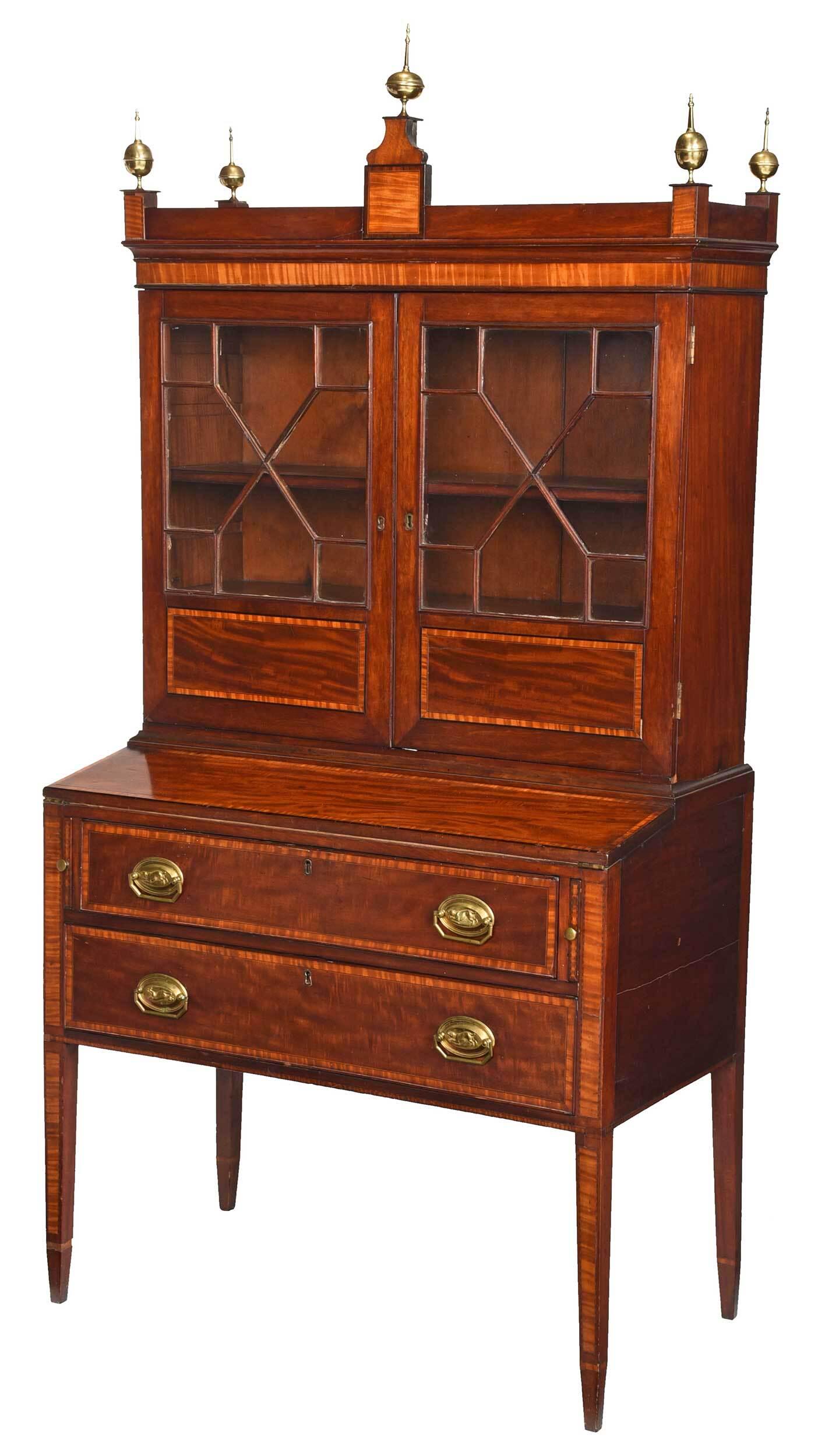 American Federal Tiger Maple and Mahogany Ladies: New England, circa 1800, highly figured mahogany with figured lightwood banding, dog decorated brasses, dovetailed construction, upper case with fitted interior with single adjustable shelf and three 