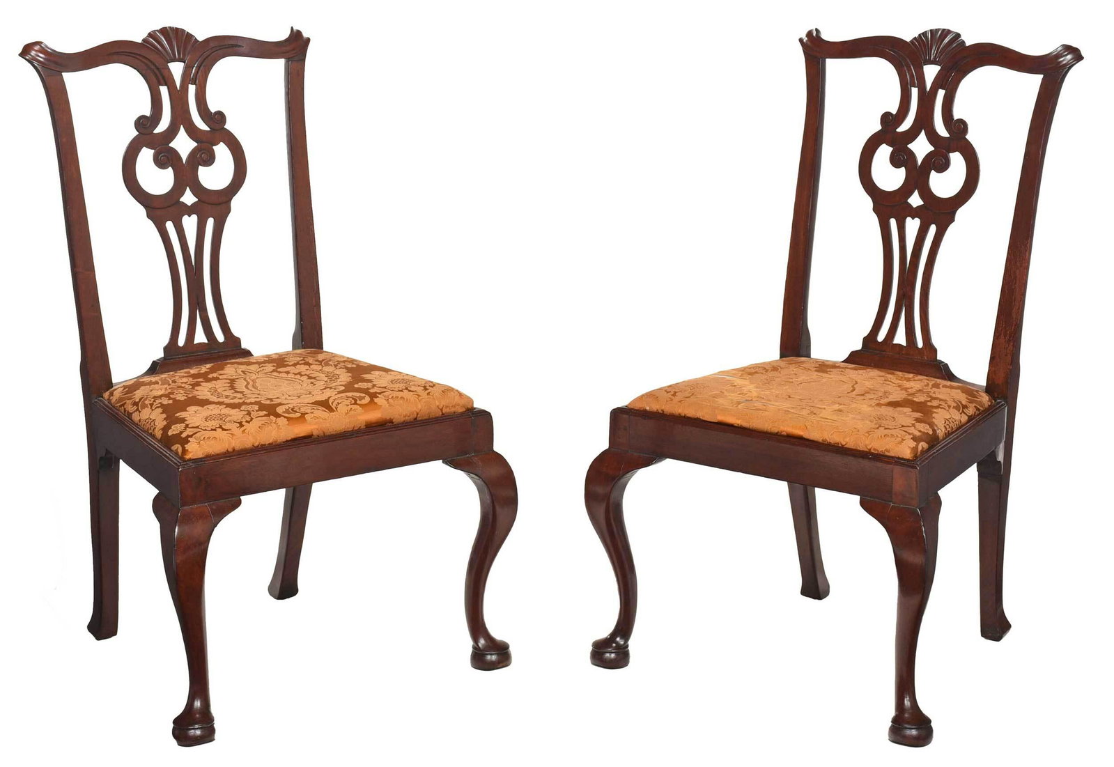 Pair New England Chippendale Mahogany Side Chairs: Salem, Massachusetts, late 18th century, each with shell carved serpentine crest over a pierced splat, cabriole legs with pad feet, gold silk damask upholstered slip seats, 38 in., seat height 18 in. 