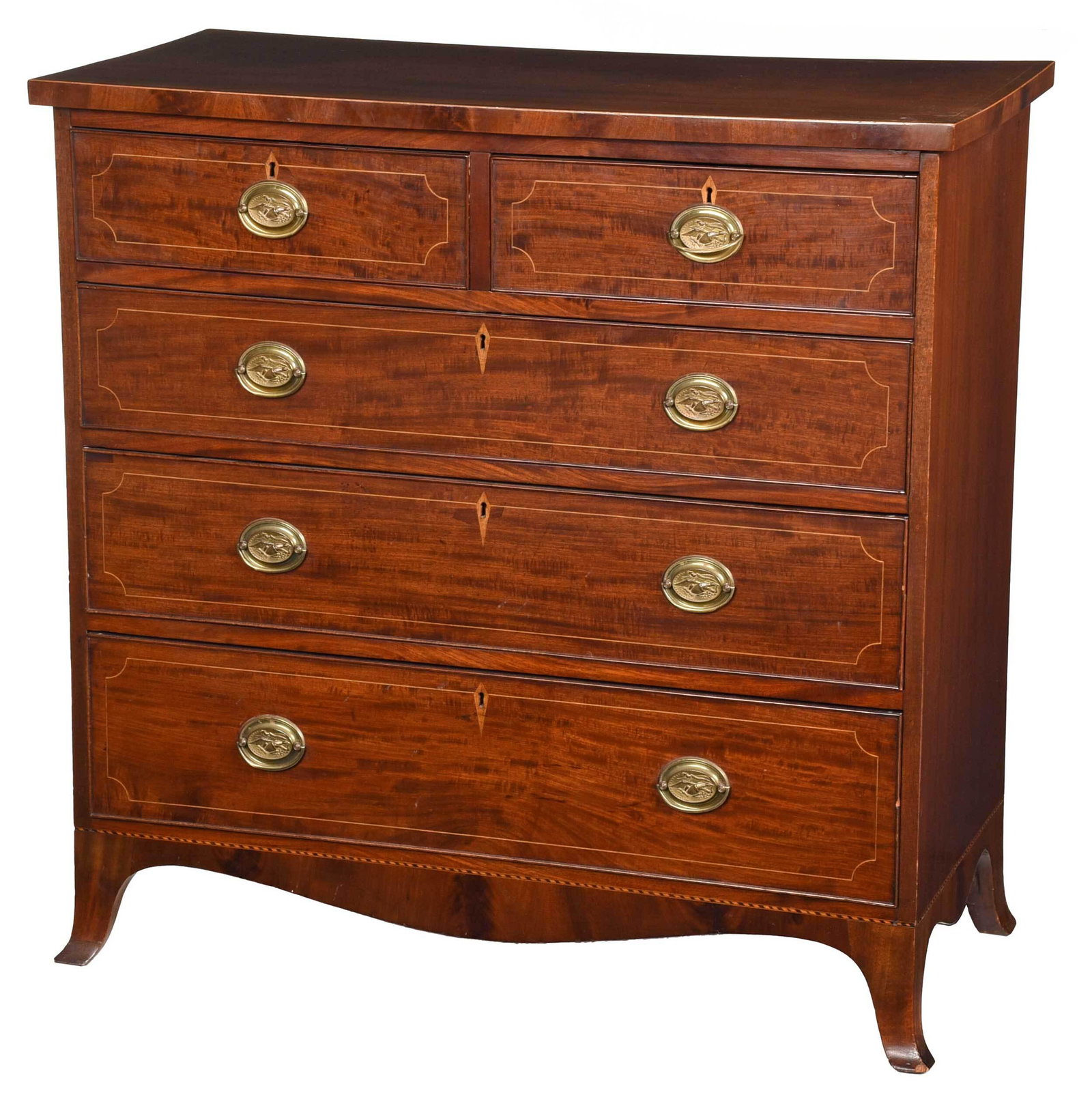 American Federal Inlaid Mahogany Five Drawer Chest: middle Atlantic states, probably Maryland or Virginia, 1790-1810, figured mahogany veneers, dovetailed drawers, poplar and white pine secondary, set on French feet, eagle decorated brasses, 39 x 39-1/