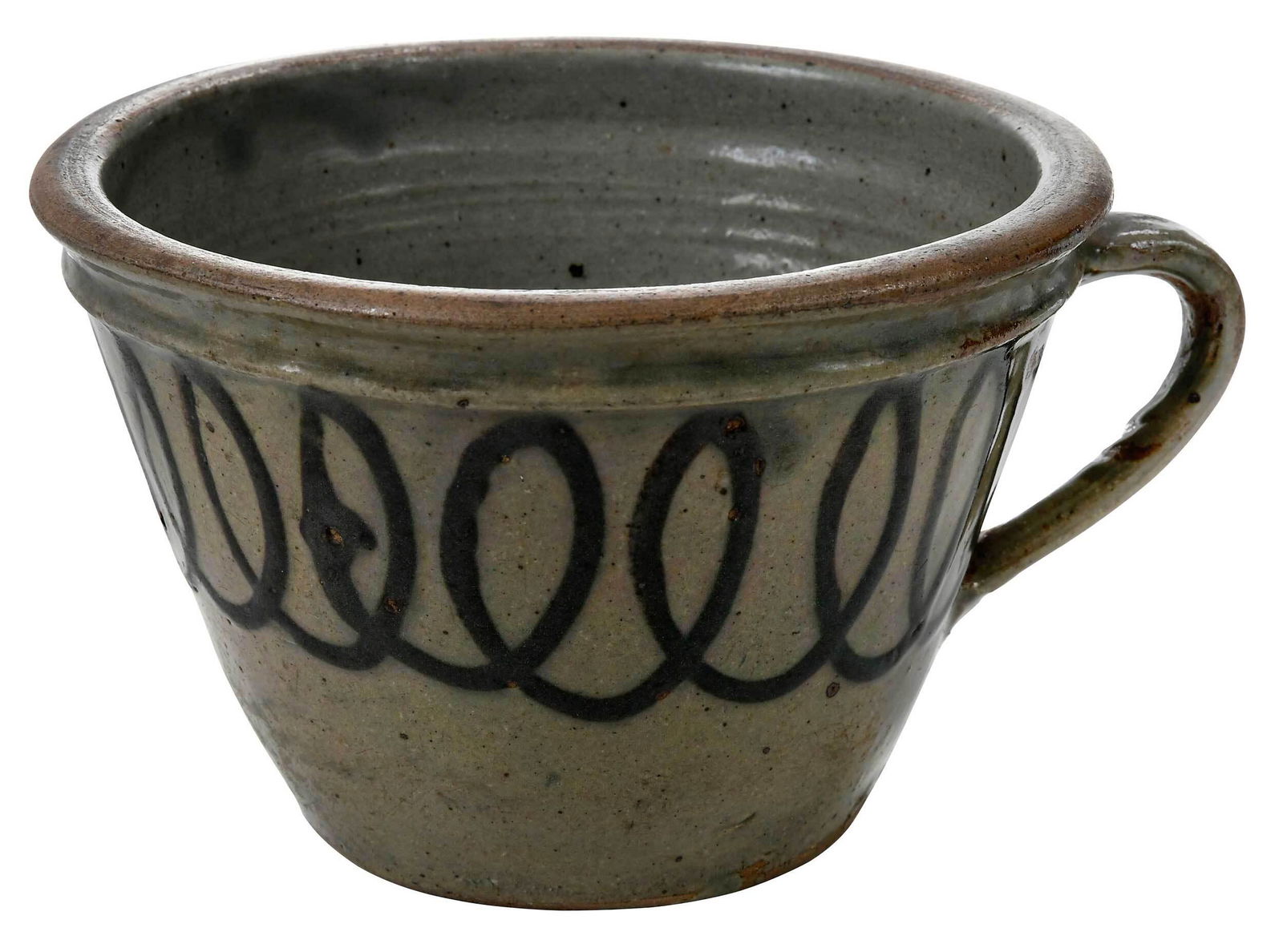 Rare Thomas Chandler Attributed Decorated Clabber Bowl: Edgefield District, South Carolina, circa 1846-1850, possibly Trapp and Chandler Pottery, Kirksey's Crossroads, alkaline light tan glaze to interior with celadon glaze drips, tannish alkaline glaze to