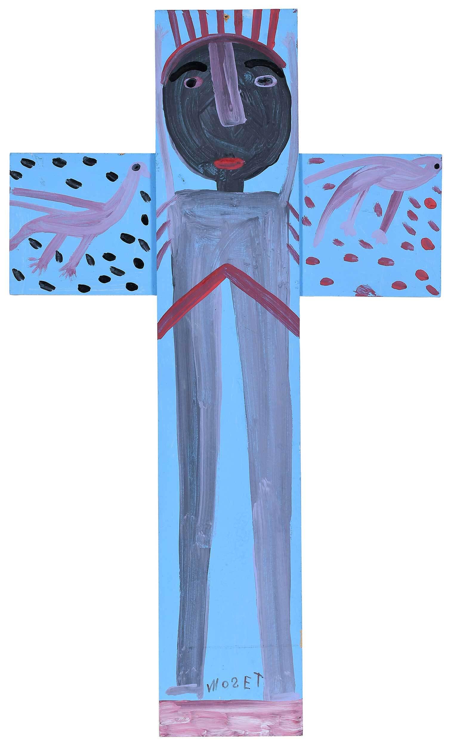 Mose Tolliver: (Alabama, 1918/20-2006) Crucifix, signed at bottom "MOSET", paint on Masonite, 30 x 18 in. Provenance: Property from a Southern Collection