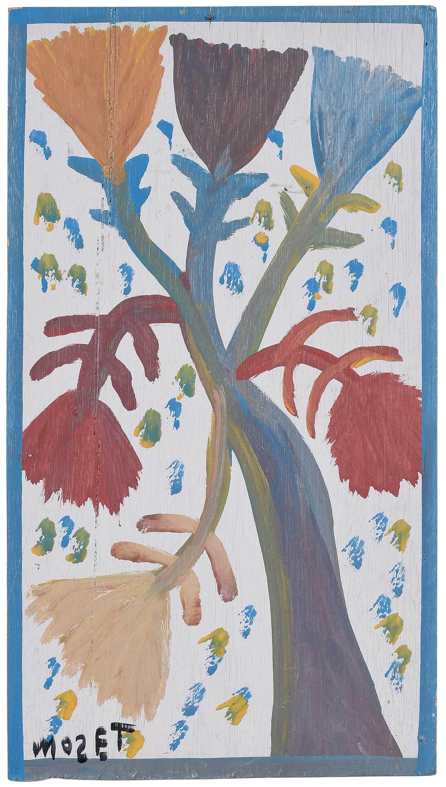 Mose Tolliver: (Alabama, 1918/20-2006) Botanicals, 1983, signed at bottom "MOSET", paint on board, 19-1/2 x 10-3/4 in. Provenance: Property from a Southern Collection