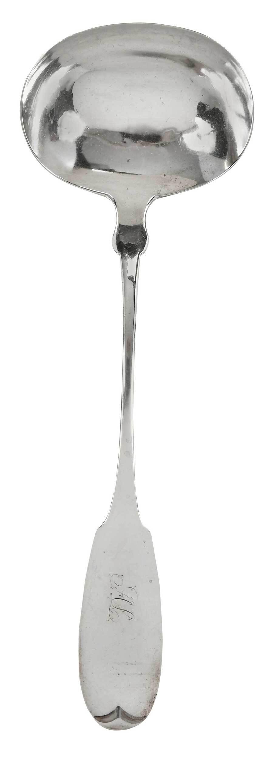 New Orleans Coin Silver Ladle, H. P. Buckley: Louisiana, mid 19th century, shaped upturn fiddle handle, monogram "AL", marks for retailer Henry Peat Buckley (New Orleans, Louisiana, working 1850-1903), "N Orleans", 4.88 oz. T., 13 in. Provenance: