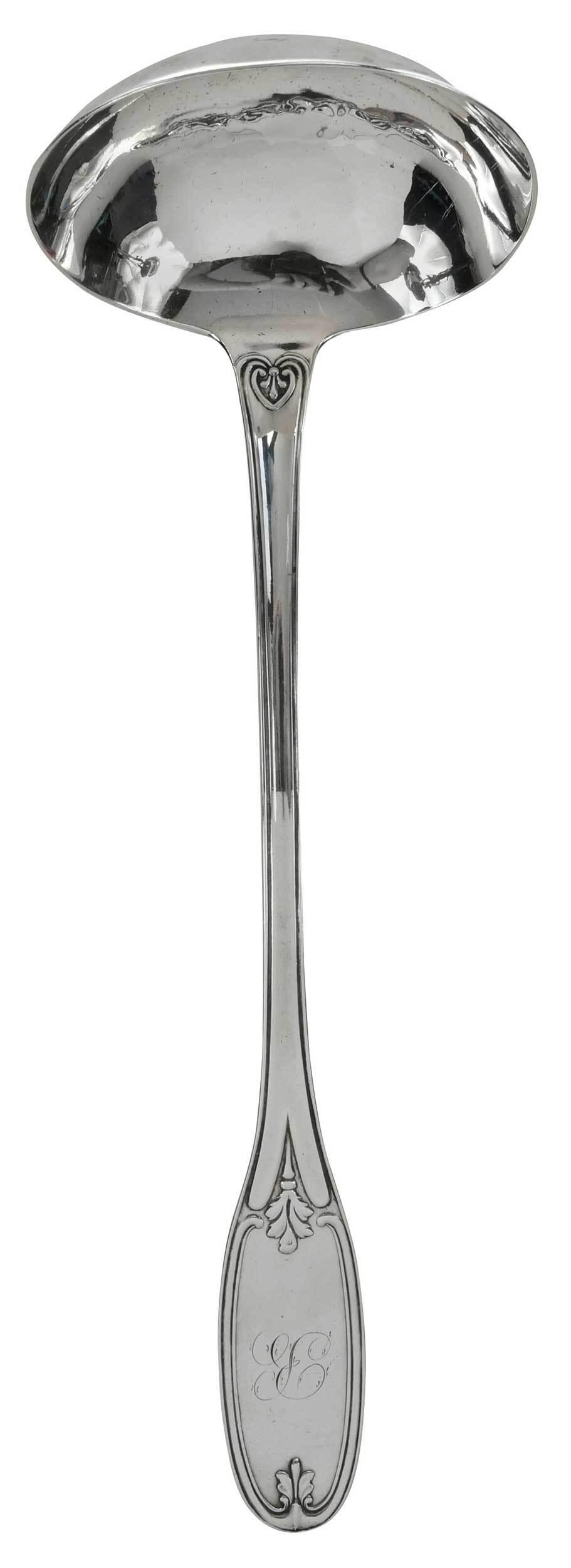 Georgia Coin Silver Ladle, George Griffen: mid 19th century, oval with scroll and foliate handle, monograms "B", marks for George M. Griffen (Troy, New York, working c. 1827-1829; Athens, Georgia c. 1839-1841; and Savannah, Georgia c. 1852-185