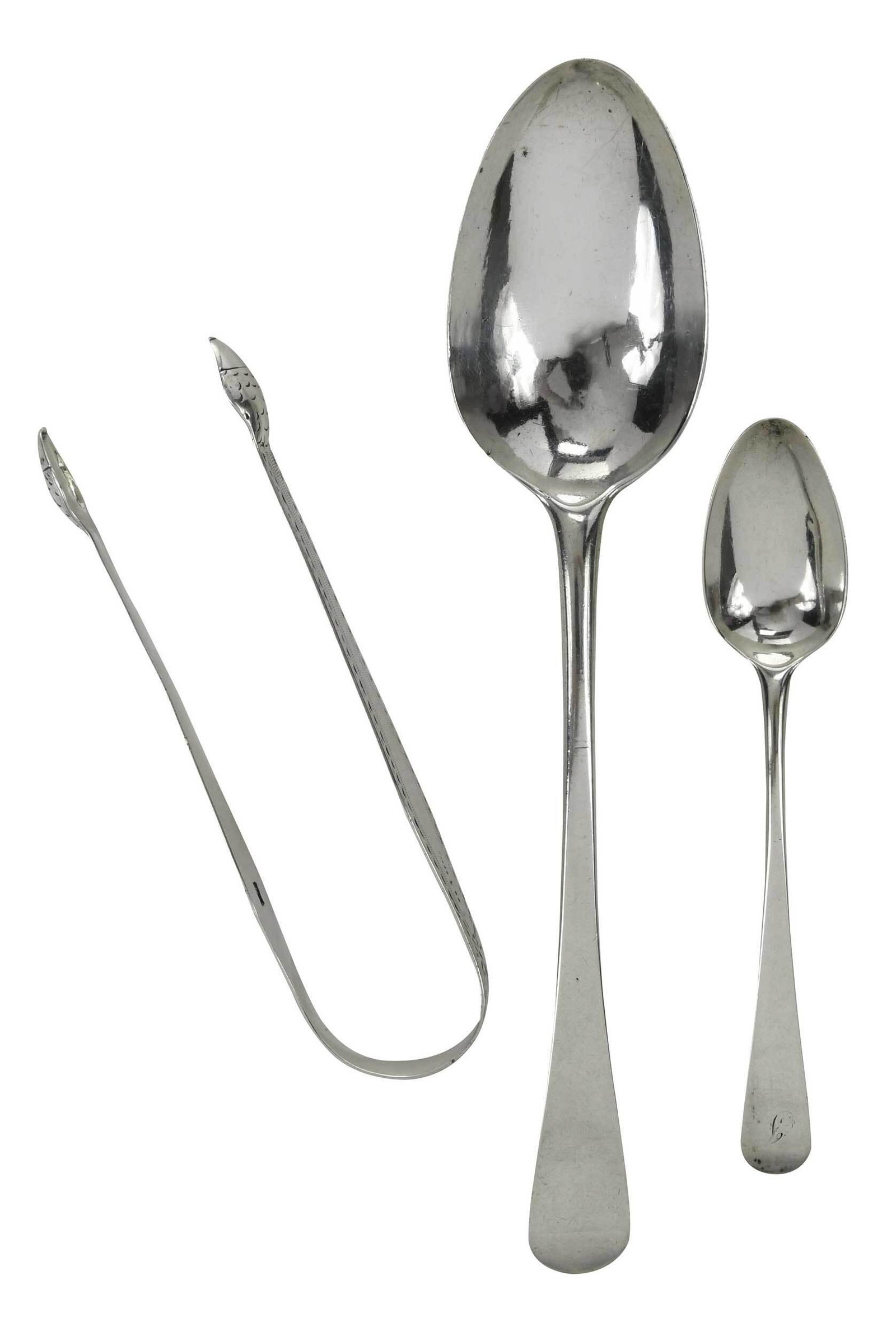 Three Pieces Bateman Family English Silver: London, including Hester Bateman tongs, engraved decoration; two pieces Peter & Jonathan Bateman: 1790 spoon and 1971 tablespoon, 3.25 oz. T., 5-1/2 in. to 8-3/4 in. Provenance: Private Property from