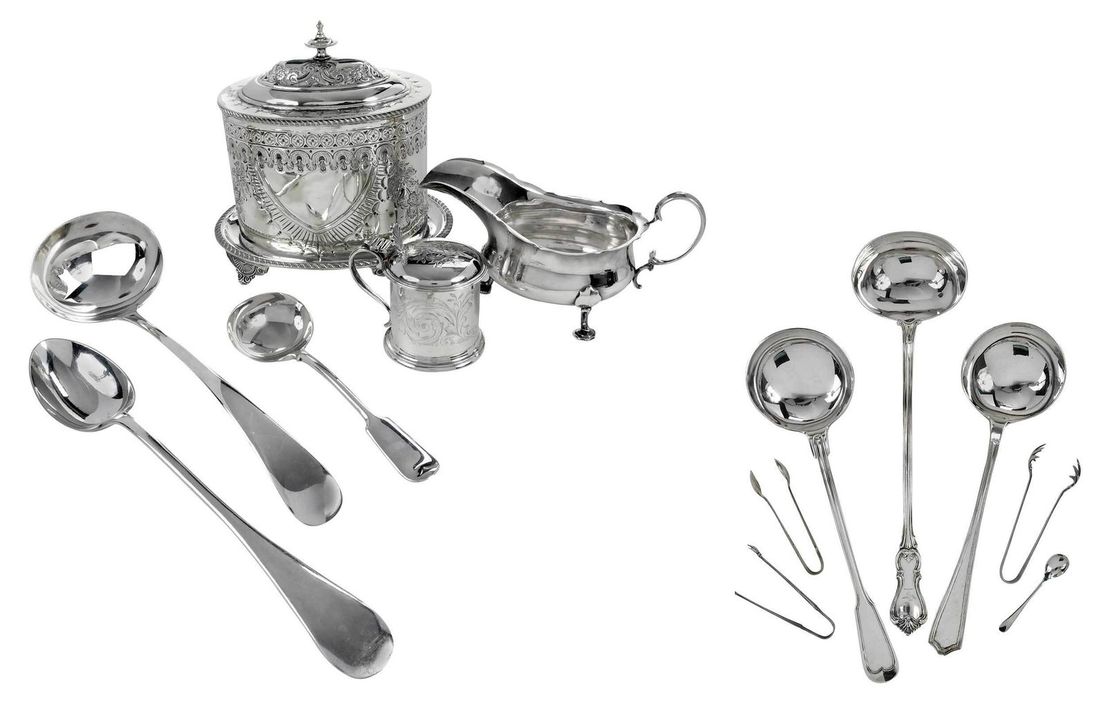 15 Pieces English Silver Plate Table Items: English, 19th/20th century, including oval biscuit box, marks for William Wheatcroft Harrison; Elkington & Co. mustard pot; gravy boat, marks for Martin Hall & Co.; punch ladle; Mappin & Webb sauce la
