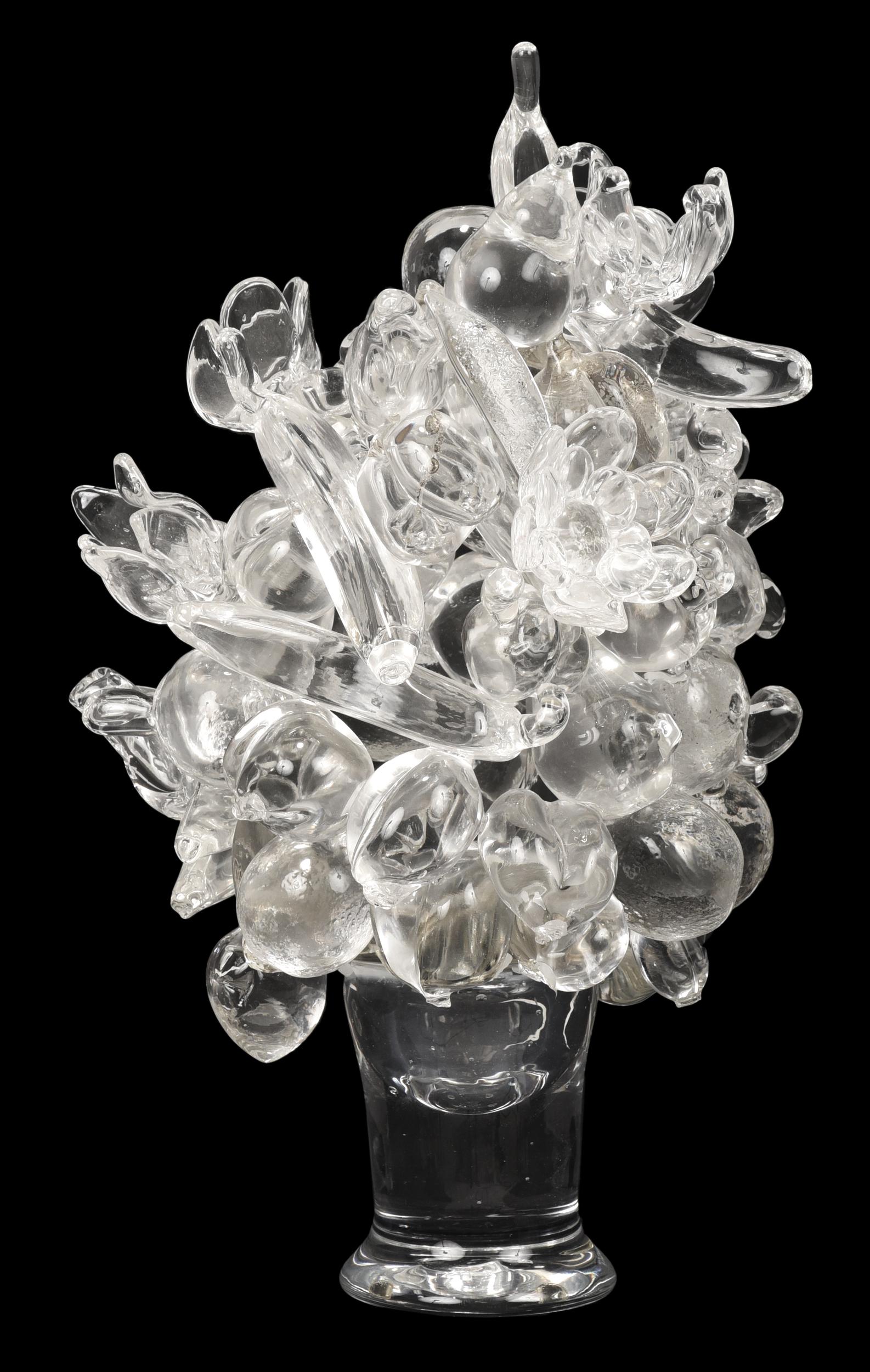 Beth Lipman: (American, born 1971) Fruit and Flower Centerpiece I, 2007, apparently unsigned, blown clear glass sculpture depicting a basket of fruit and flowers, 21 x 12 x 12 in. Provenance: Heller Gallery, purch