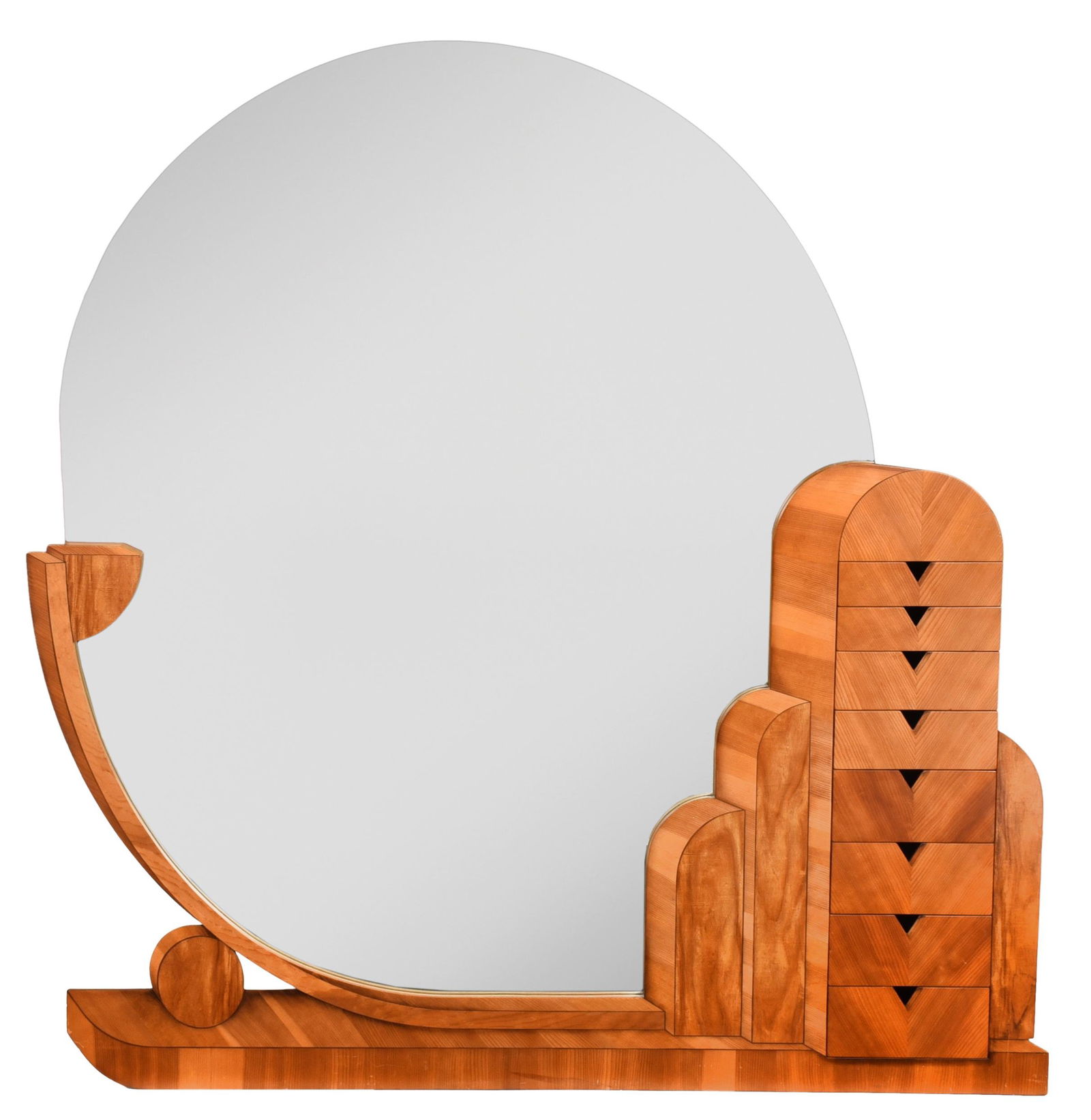 John Cederquist: (California, born 1946) The Art Deco Mirror, 1983, unsigned, sitka spruce, Andaman Island padauk, East Indian rosewood inlay, dye, birch plywood, vanity and mirror, eight graduated drawers with velvet