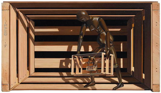 Ernest Albert Land: (New York/Virginia/Canada, 1918-2006) The Crate, signed vertically upper left "Land", trompe l'oeil oil on Masonite, 13-3/8 x 23-7/8 in.; intentionally unframed Provenance: Capricorn Galleries, Bethes