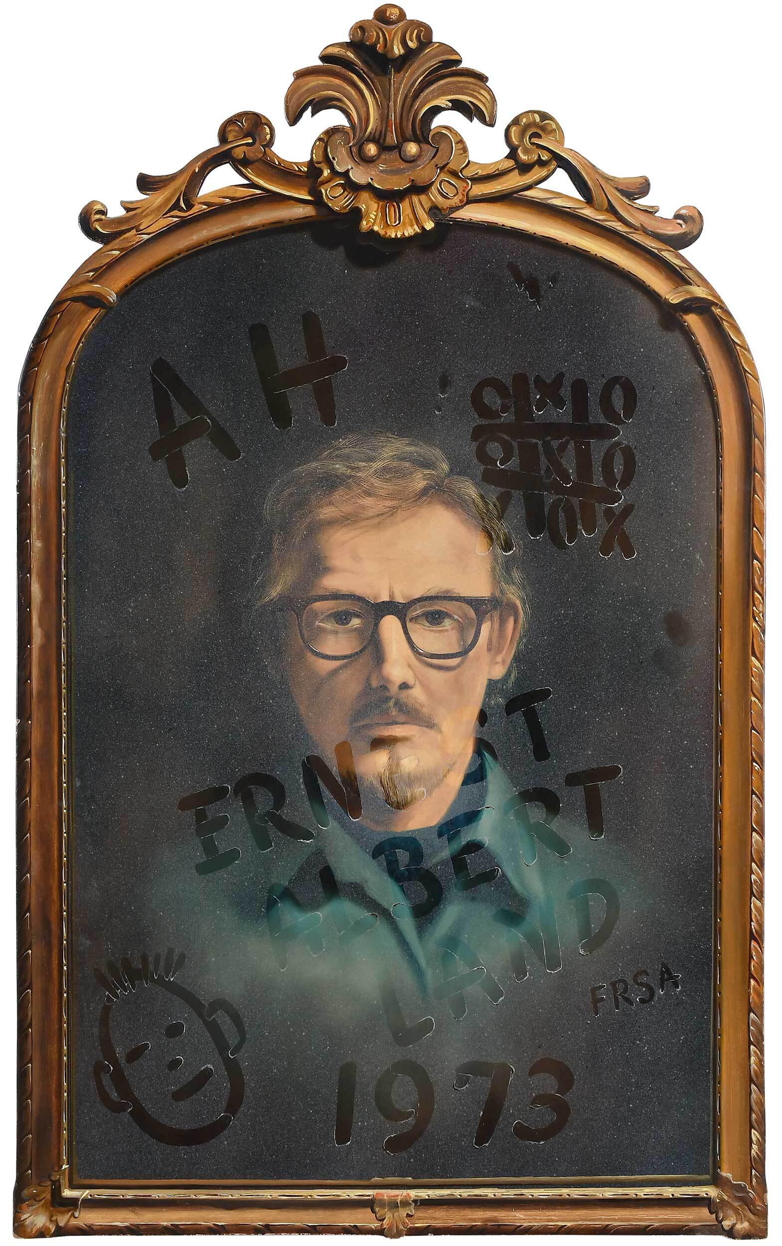 Ernest Albert Land Self Portrait: (New York/Virginia/Canada, 1918-2006) Self Portrait, 1973, signed boldly in faux dust, Ernesty Albert Land FRSA 1973", oil on masonite, 32 x 19-1/2 in. Provenance: Capricorn Galleries, Bethesda, Maryl