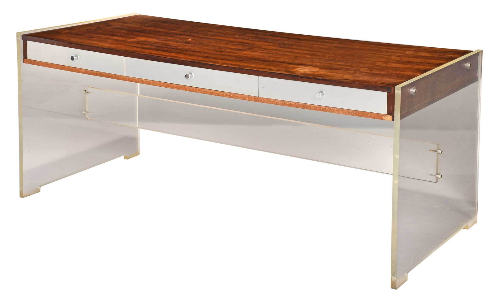 Interform Collection Modern Wood, Metal, Lucite Desk: Danish, 20th century, designed by Poul Norrekilt, wood top over three drawers with metal facings and pulls, three panel lucite base, 28-1/4 x 67 x 31-1/4 in. Provenance: Estate of Brock Arms, Flat Roc