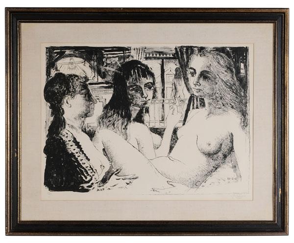 Paul Delvaux: (Belgian, 1897-1994), "[Les Trois femmes]", 1967, edition 11/50, signed verso in pencil "P. Delvaux", lithograph, 22-3/4 x 31 in., gilt frame hinged in at top verso, pencil inscriptions verso, full ma