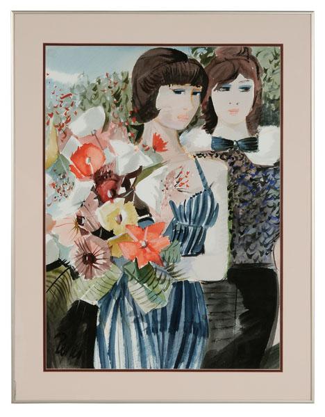 Charles Levier: (French, 1920-2003), "Two Women with Bouquet", signed lower left "Levier", gouache on paper, 29 x 21 in., metal frame not laid down, not examined out of frame, glass in frame with small break