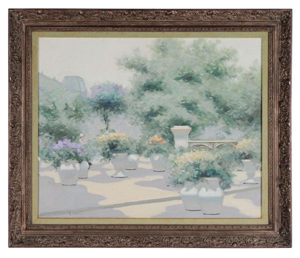 Andre Gisson: (French, 1928-2003), "Sunlit Jardini?res, Tuileries Gardens, Paris", signed lower left "Gisson", oil on canvas, 24-1/8 x 30-1/8 in., original painted wood and composition frame, good condition; frame