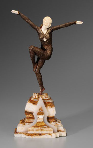After Demetre Chiparus: (Romanian, 1888-1950), "Dancer of Kapurthala", bears signature inscribed on base "D.H. Chiparus", cold-painted and patinated bronze with ivory on agate Art Deco style base, 20th century or posthumous