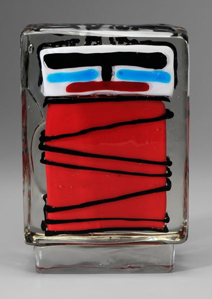 Robert Willson: (American, 1912-2000), "Big Red Totem", signed on side "Robert Willson", cased glass, 13-1/4 x 9 x 4-1/2 in., 3/4 x 1/4 in. chip left front edge, light scratches Provenance: Galerie 99, Miami, Florida
