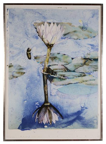 Joseph Raffael: (American, born 1933), "Evening Lily, 1981", second proof, signed lower right "J?RAFFAEL" with pencil inscriptions bottom left, color lithograph on Arches paper, 41-7/8 x 29-5/8 in., silver gilt wood