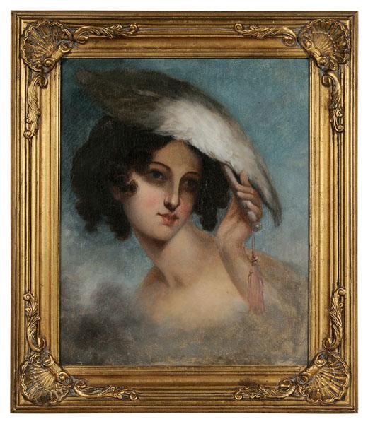 After Thomas Sully: American, 19th century, "Portrait of a Lady", unsigned, oil on canvas, 21 x 17 in., modern gilt wood frame, restretched on old stretcher, lined, retouch primarily at edges and at top in fan affecting