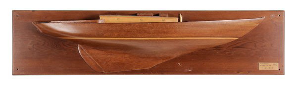 Half-Hull Model of Herreschoff Sloop: 20th century, Fishers Island class, laminated mahogany with deck equipment, 41 in., mounted white pine board, 48 in., marked on back "A. Dorman", excellent condition, very minor abrasions Provenance: 