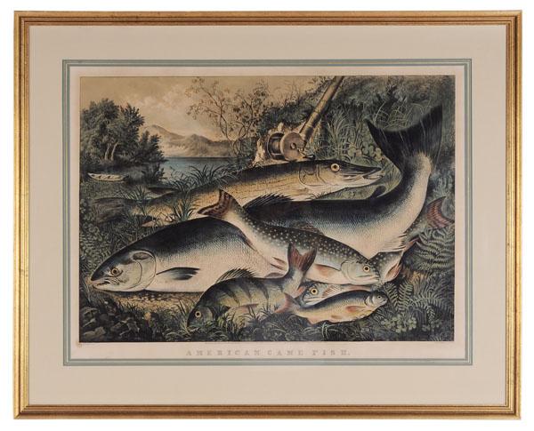 Currier & Ives after Fanny Palmer: American Game Fish, 1866, large folio, hand-colored lithograph with gum arabic on wove paper, 19-3/4 x 27-11/16 in. (image), 23-3/4 x 31-7/8 in. (page), modern gilt wood frame, stains in margin, backe
