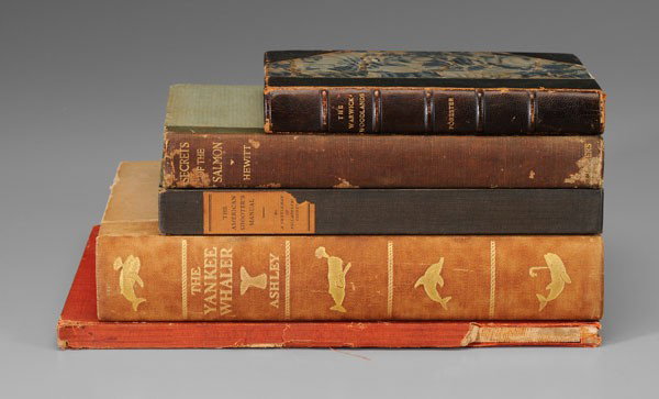 Five Books, Sporting Titles: Clifford W. Ashley, [The Yankee Whaler,] Boston and New York, Houghton Mifflin, Riverside Press, 1926, one of 1625 copies, paper boards, 11-1/8 x 8-5/8 in., [tight binding, foxing, yellowing, small te