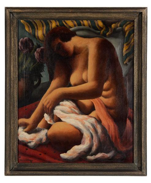Paul Raphael Meltsner: (New York, 1905-1966), "Draped Nude", signed lower left "Paul R Meltsner", oil on canvas, 24-1/8 x 30-1/4 in., painted and gilt wood frame, original stretcher and tacking edge, possible retouch in fac