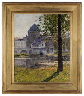 William Lamb Picknell: (American, 1853-1897), "Late Afternoon, Moret", signed lower right "Wm. L. Picknell", oil on canvas, 35-3/4 x 29-1/2 in., original gilt wood frame with fluted outer edge and partial label verso for J.