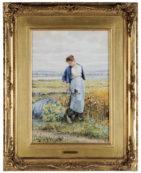 Daniel Ridgway Knight: (Pennsylvania/France, 1839-1924) Tying the Apron, "signed lower left "Ridgway Knight Paris", watercolor and gouache over pencil on paper, 21-3/8 x 15 in., original gilt wood and composition French sty