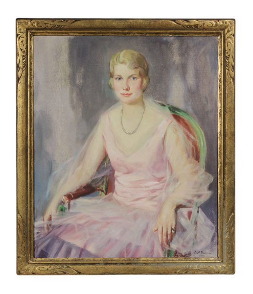 Leon A. Makielski: (Michigan, 1885-1974), "Miss Helen Moore", signed lower right "Leon A. Makielski 1447" and inscribed verso canvas "1447", oil on canvas, 36 x 30-1/8 in., carved and gilt wood frame, original stretcher
