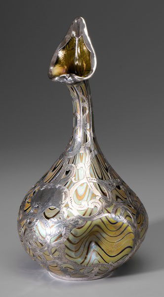 Loetz Silver Overlay Water Sprinkler: Austrian, early 20th century, gooseneck shape, silver overlay with flowers and scrolls, open cartouche, marked "SOLID SILVER", polished pontil engraved "Loetz Austria", 10-1/4 in., crack and small los