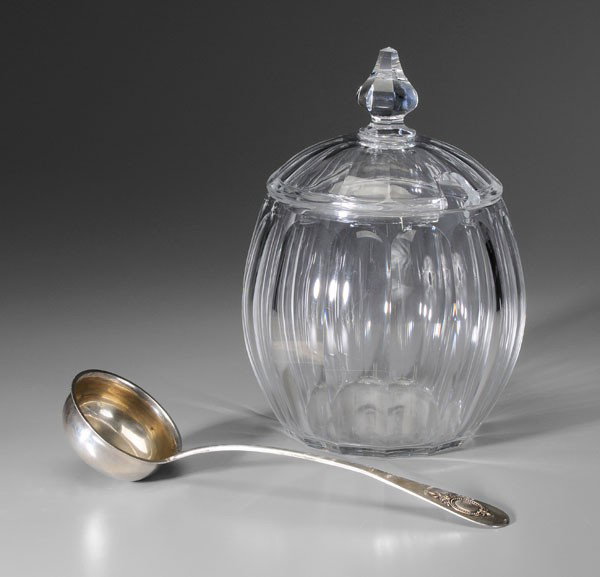 Baccarat Punch Bowl, Silver Ladle: French, 20th century, bowl with cutout in lid, marked "Baccarat France", 13 in., [good condition, slight wear on base, old tape residue;] .800 silver ladle, no monogram, German, 14 in., [slight dent i