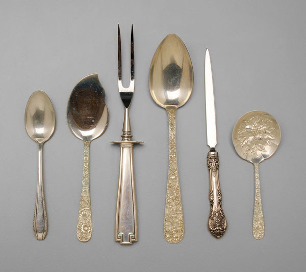 Fifteen Sterling Items: Kirk Repouss?, serving spoons, jelly server, bonbon; Wallace Rembrandt knife, fork, teaspoon; Tiffany & Co. pen; carving set, letter opener, bottle opener; pickle fork, butter knife, pie server, 10.79