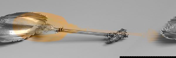 George Sharp Coin Silver Berry Scoop: Philadelphia, Pennsylvania, mid to late 19th century, engraved aesthetic movement engraved decoration, fluted and beaded handle, gilt bowl, design by Augustus Conradt, marks for George B. Sharp (Phila