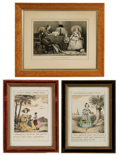 Three Moral-Subject Prints: American, "Family Devotion", Currier & Ives, 1871, hand-colored lithographon paper with gum arabic, image 7-7/8 x 12-1/4 in., page 13-5/16 x 17-1/16 in., modern bird's-eye maple veneer frame, [fading,