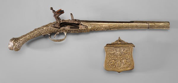 Flintlock Pistol: Middle Eastern, 19th century, 12-5/8 in. barrel with extensive gold and silver inlay and panel of Arabic script, silver plate with gilt wash, removable barrel cap, no permit required, [separations and