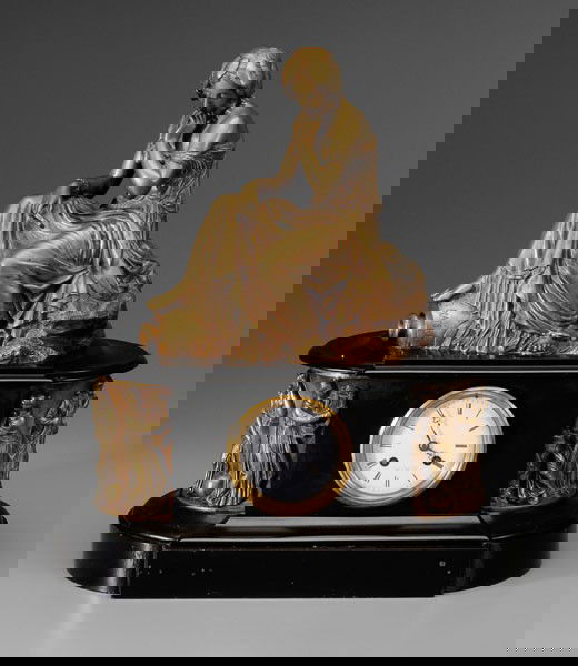 Bronze-Mounted Shelf Clock: bronze pediment with seated woman holding a mirror, base with frieze of standing classical figures, marked "J. Pradier" (Jean Jacque Pradier, French, 1790-1852), clock face marked "W. F. Bailey & Co?N