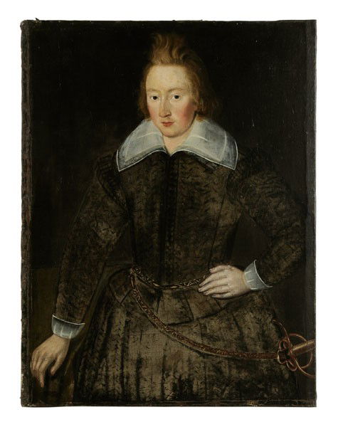 English or Dutch School: early 17th century, "Portrait of a Young Man", in a slashed doublet, slops and wearing a sword, unsigned, oil on canvas, unframed, 36 x 27-1/2 in., restretched on older stretcher, lined with wax and l