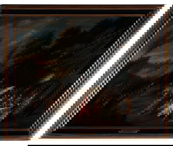 Attributed to Pieter Angillis: (Flemish, 1685-1734), Elegant Party Outside a Country Inn, unsigned, oil on canvas, 21-3/4 x 27 in., black lacquer frame with frame plate for William Hogarth and label for The Veerhoff Galleries, Wash